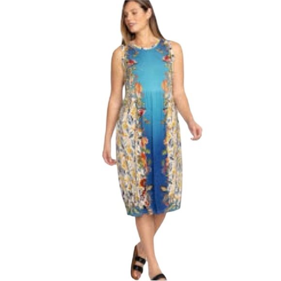 Johnny Was Blu Easy Fit Tank Midi Dress Teal Multi Floral Sleeveless Size Small - Picture 1 of 10